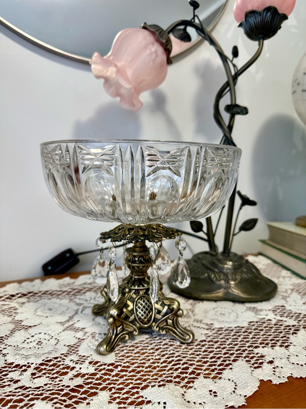 Large Vintage Crystal Pedestal Bowl With Metal Base